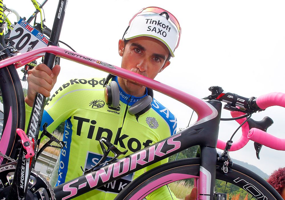 Alberto Contador with his custom Giro bike.
