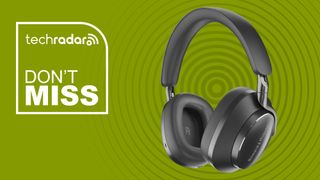 Bowers & Wilkins PX7 S2 Noise Cancelling Wireless Over Ear Headphones in black on green background with TechRadar don't miss white text on the left