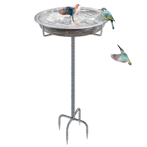 Khayrovies Metal Bird Bath for Outdoors Garden Birdbath Bowl, 36.2" Height Freestanding Bird Feeders for Outside With 4 Prongs Base Stake, Standing Birdfeeders for Yard Lawn Decor (retro Silver)