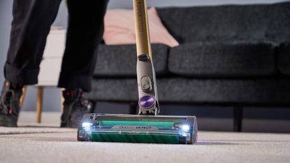 Shark PowerDetect cordless vacuum floorhead with headlamps illuminated