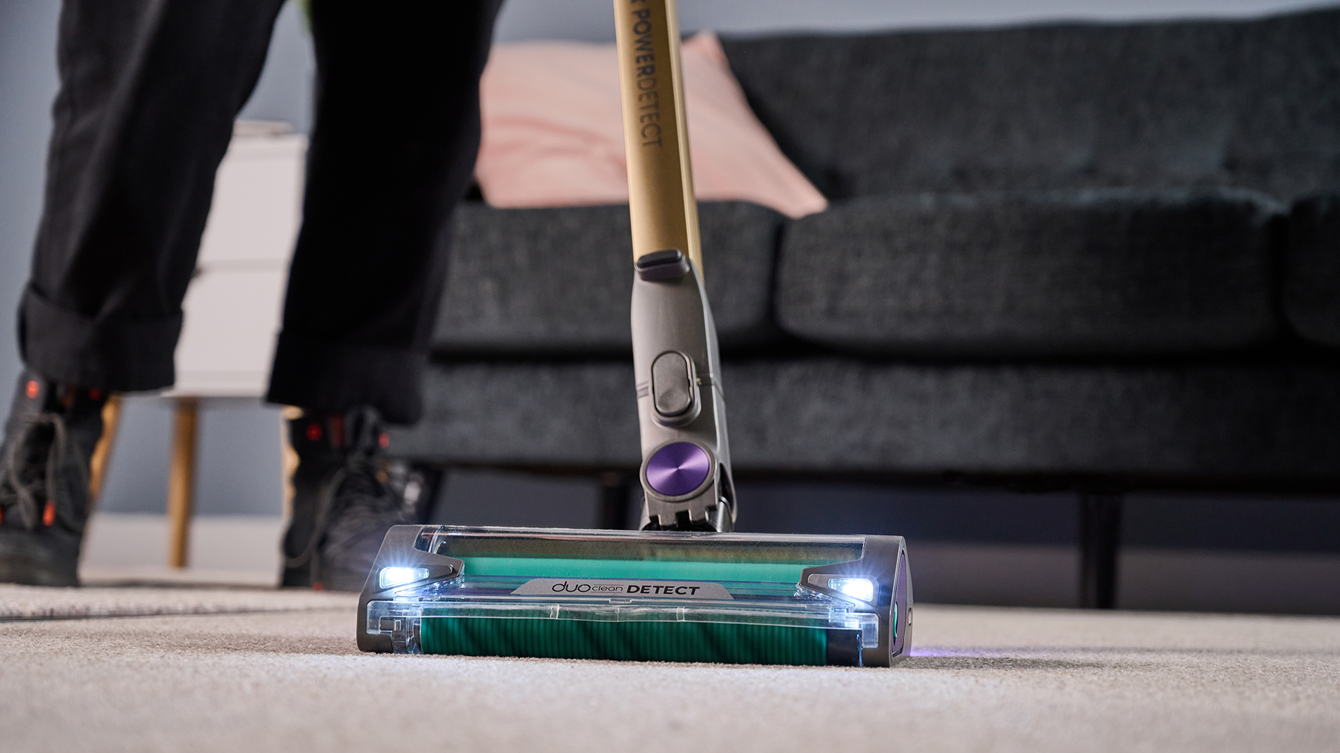 Shark PowerDetect cordless vacuum floorhead with headlamps illuminated