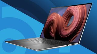 Dell XPS 17 (2022), one of the best 17-inch laptops, on a blue background