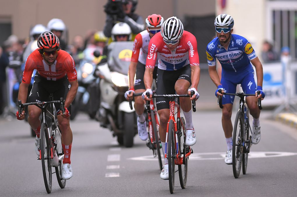 Michael matthews, Tim Wellens, Mathieu van der Poel and Julian Alaphilippe near the finish of Brabantse Pijl