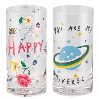 glasses with happy and universe paint