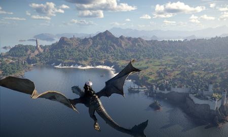 Crimson Desert open world gameplay showing the dragon mount flying above Pywel