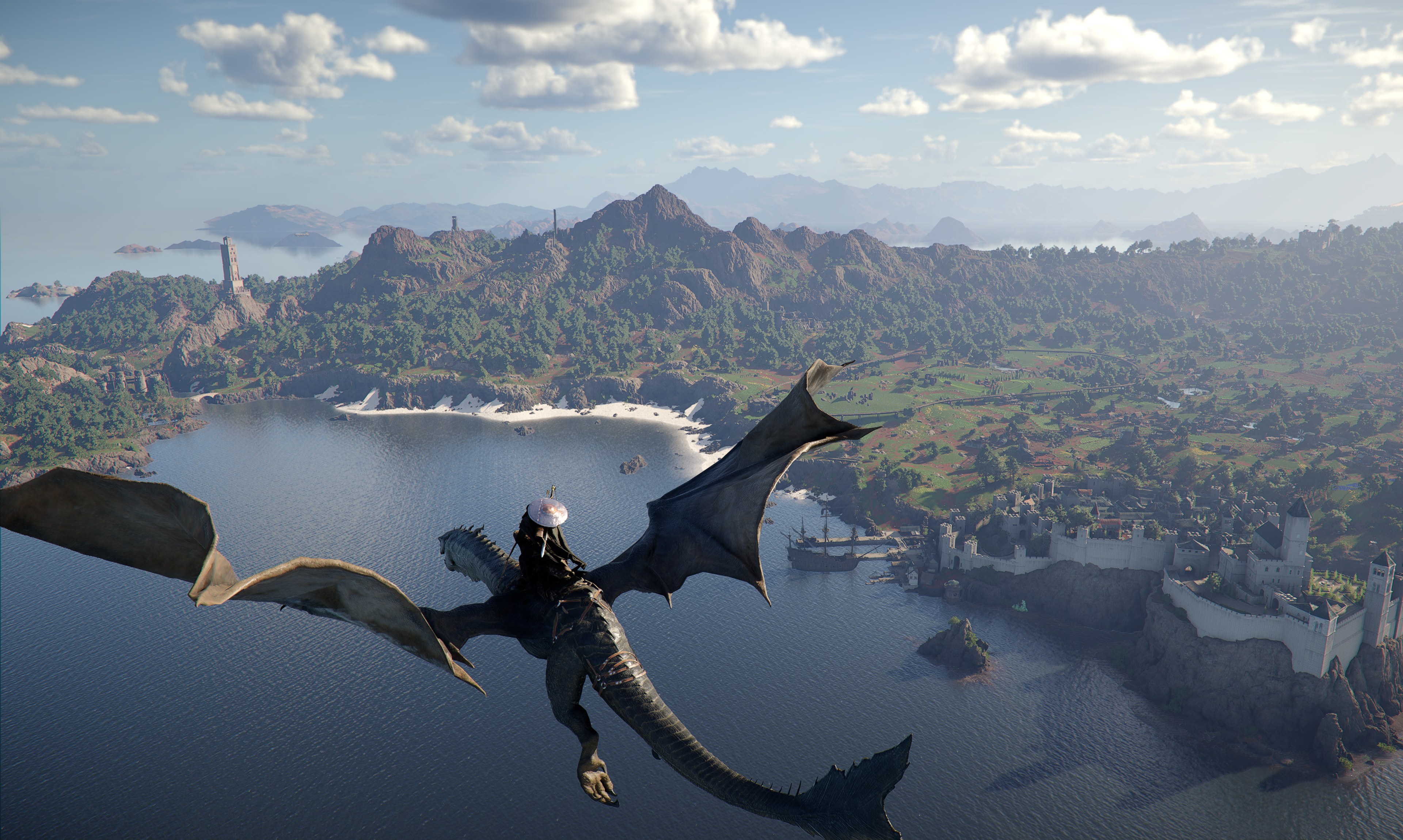 Crimson Desert open world gameplay showing the dragon mount flying above Pywel