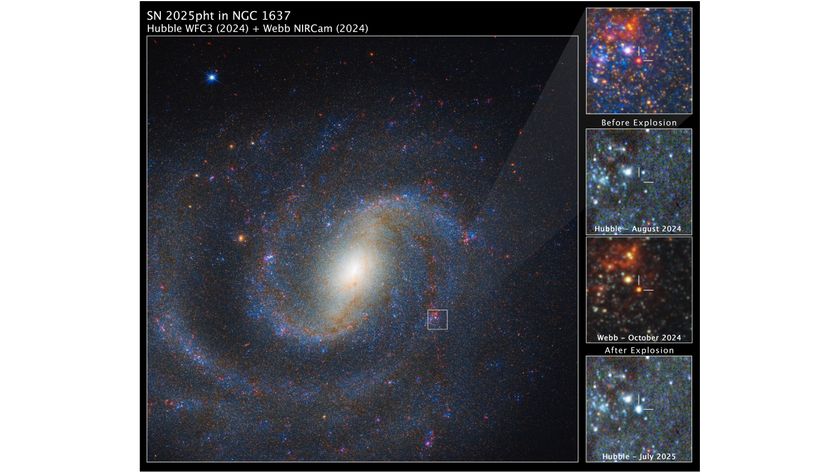 A composite view of spiral galaxy NGC 1637 from the JWST and Hubble telescopes reveals the site of the progenitor star that became SN 2025pht. Insets show a red supergiant star that was invisible to Hubble before its explosion but detected by JWST; Hubble’s July 2025 image captures the brilliant aftermath of the supernova.