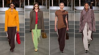 The track pant trend at Tory Burch Fall 2025's show of models wearing blazers, sweaters, and jackets with brown, green, and off-white track pants on the runway