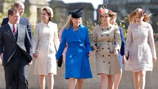 Peter Phillips, Prince William, Catherine, Princess of Wales, Autumn Phillips, Princess Eugenie and Princess Beatrice attend the traditional Easter Sunday church service