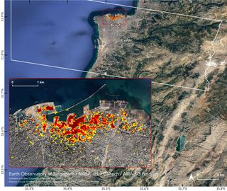 This damage map of a massive explosion in Beirut, Lebanon on Aug. 4, 2020 was created by NASA's Advanced Radpid Imaging and Analysis team and the Earth Observatory of Singapore. The most severe damage is in dark red.