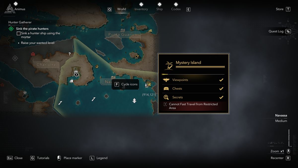 Black Flag outfits: A map showing the location of Mystery Island where you can find Stede Bonent's Attire.