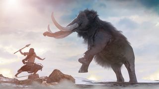 An artist's interpretation of an early human hunting a woolly mammoth (Mammuthus primigenius).