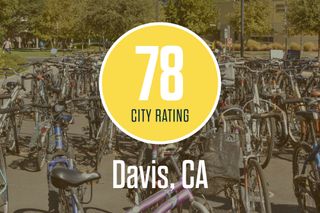 Un logotipo de City Ratings de Davis California superpuesto a una imagen de muchas bicicletas estacionadas afuera.