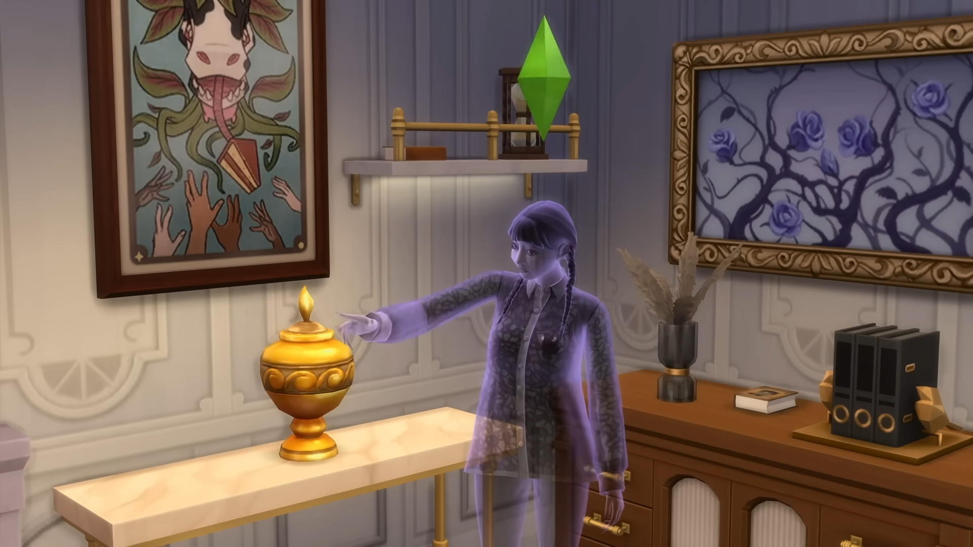 A screenshot of a purple ghost during The Sims 4.