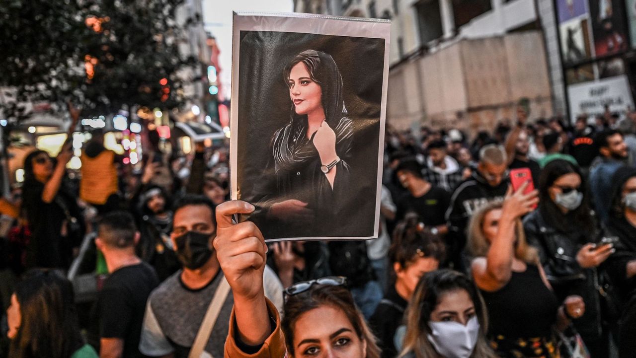 a protest in support of mahsa amini who was killed by the iranian mortality police for not wearing a hijab