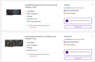 Asus and Gigabyte RX 9070 cards on Currys site out of stock