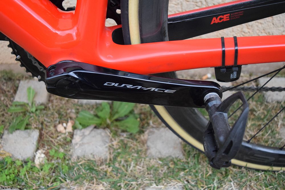 ,"The non-drive side crank of the Shimano Dura-Ace R9100-P crankset, which features power readings on both sides of the crankset"