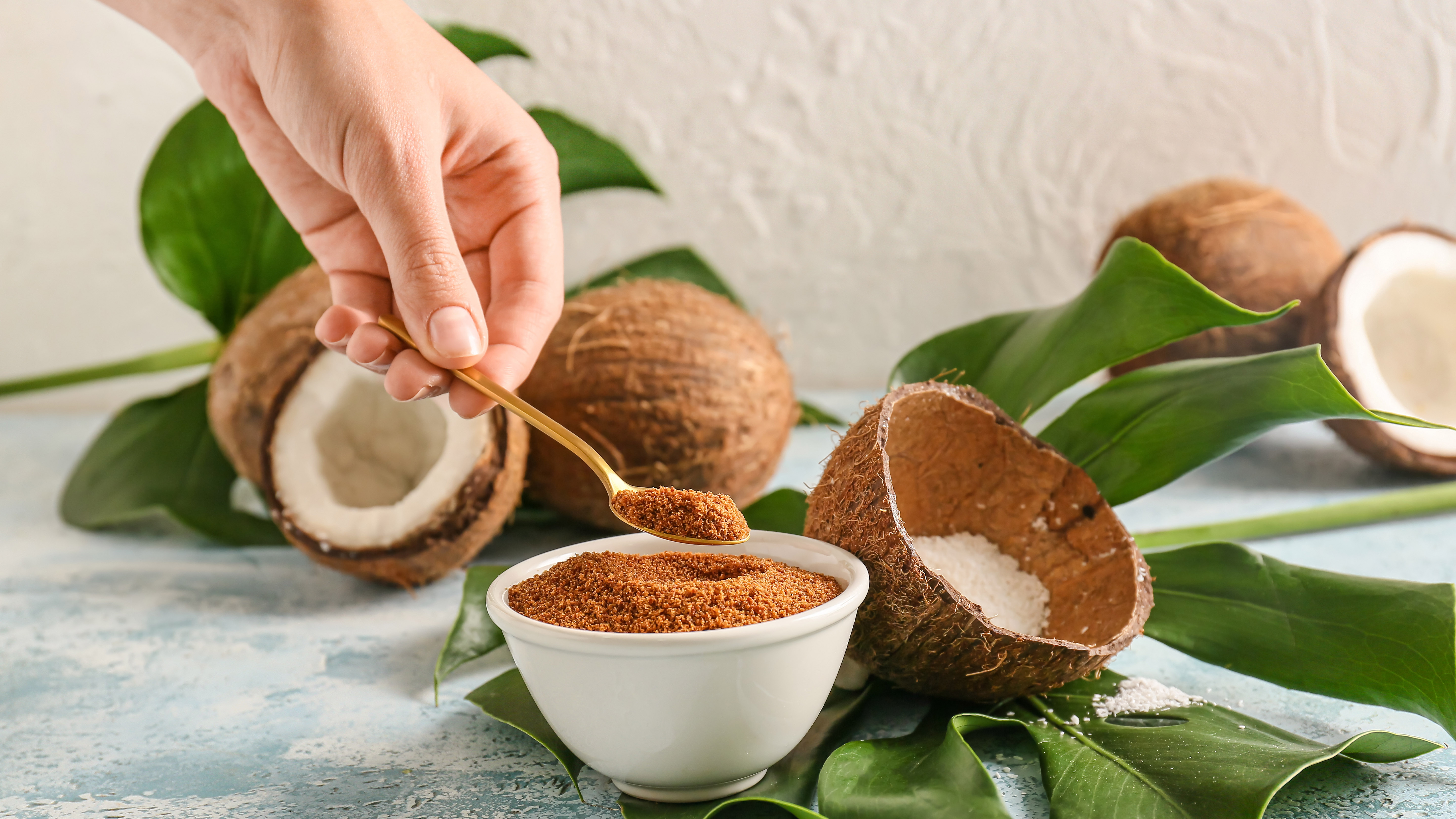 Coconut sugar in white bowl next to coconut husks