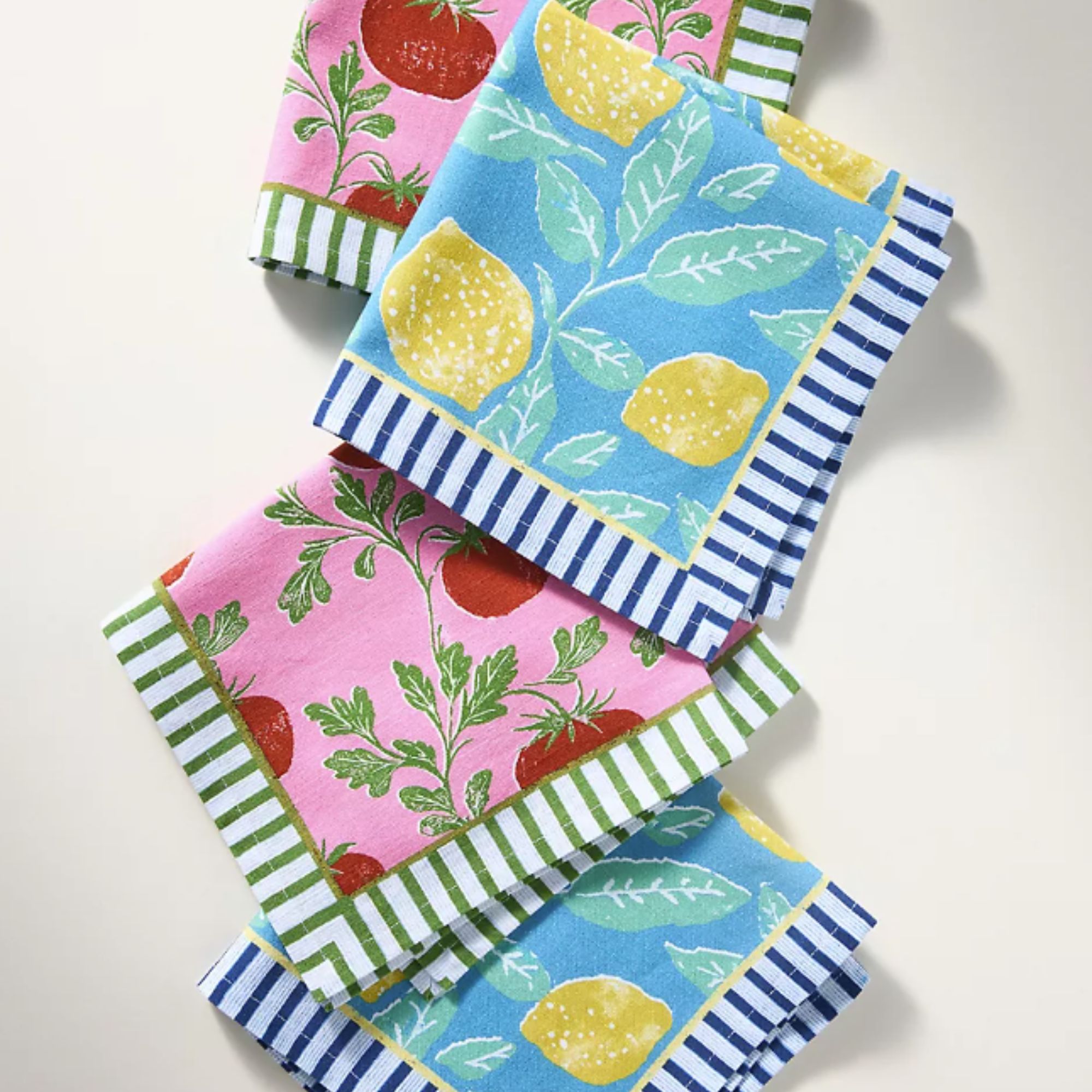 Bright block printed napkins with lemon and tomato motifs