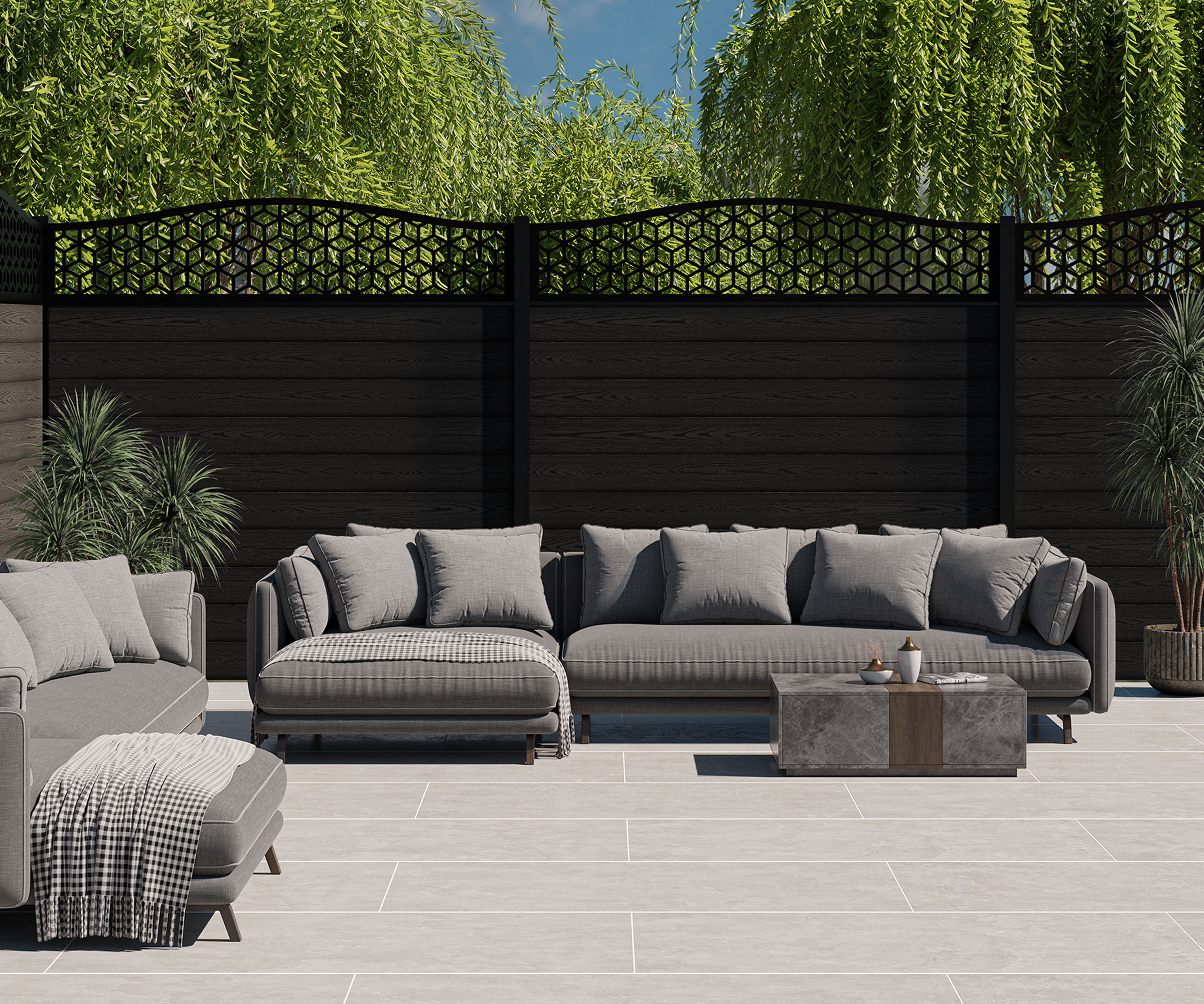 black fence panels with curved trellis topper, garden furniture, patio