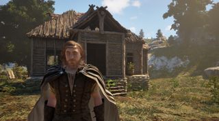 A player standing in front of a house