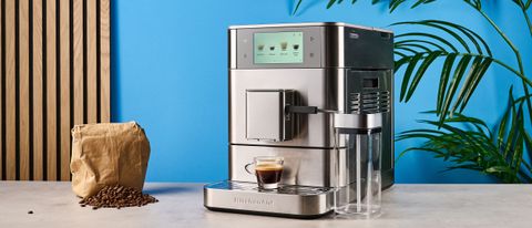 the fully automatic KF8 KitchenAid coffee machine is a stainless steel large coffee machine with a built-in grinder, milk frother, and espresso machine all in one with touchscreen controls