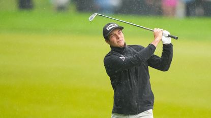 Viktor Hovland hits his second shot on the fourth hole during the PGA Championship.