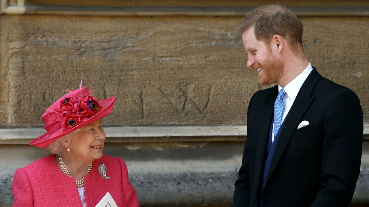 Queen Elizabeth II speaks with Prince Harry, Duke of Sussex as they leave after the wedding of Lady Gabriella Windsor to Thomas Kingston at St George&#039;s Chapel, Windsor Castle on May 18, 2019 in Windsor, England.