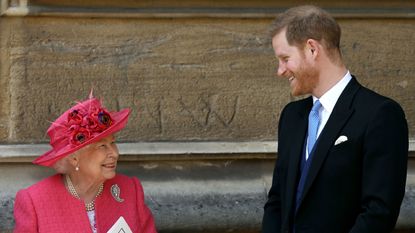 Queen Elizabeth II speaks with Prince Harry, Duke of Sussex as they leave after the wedding of Lady Gabriella Windsor to Thomas Kingston at St George's Chapel, Windsor Castle on May 18, 2019 in Windsor, England.