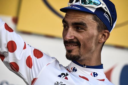 Julian Alaphilippe (Quick-Step Floors) on the podium as the winner of stage 16 at the leader of the mountain competition at the Tour de France
