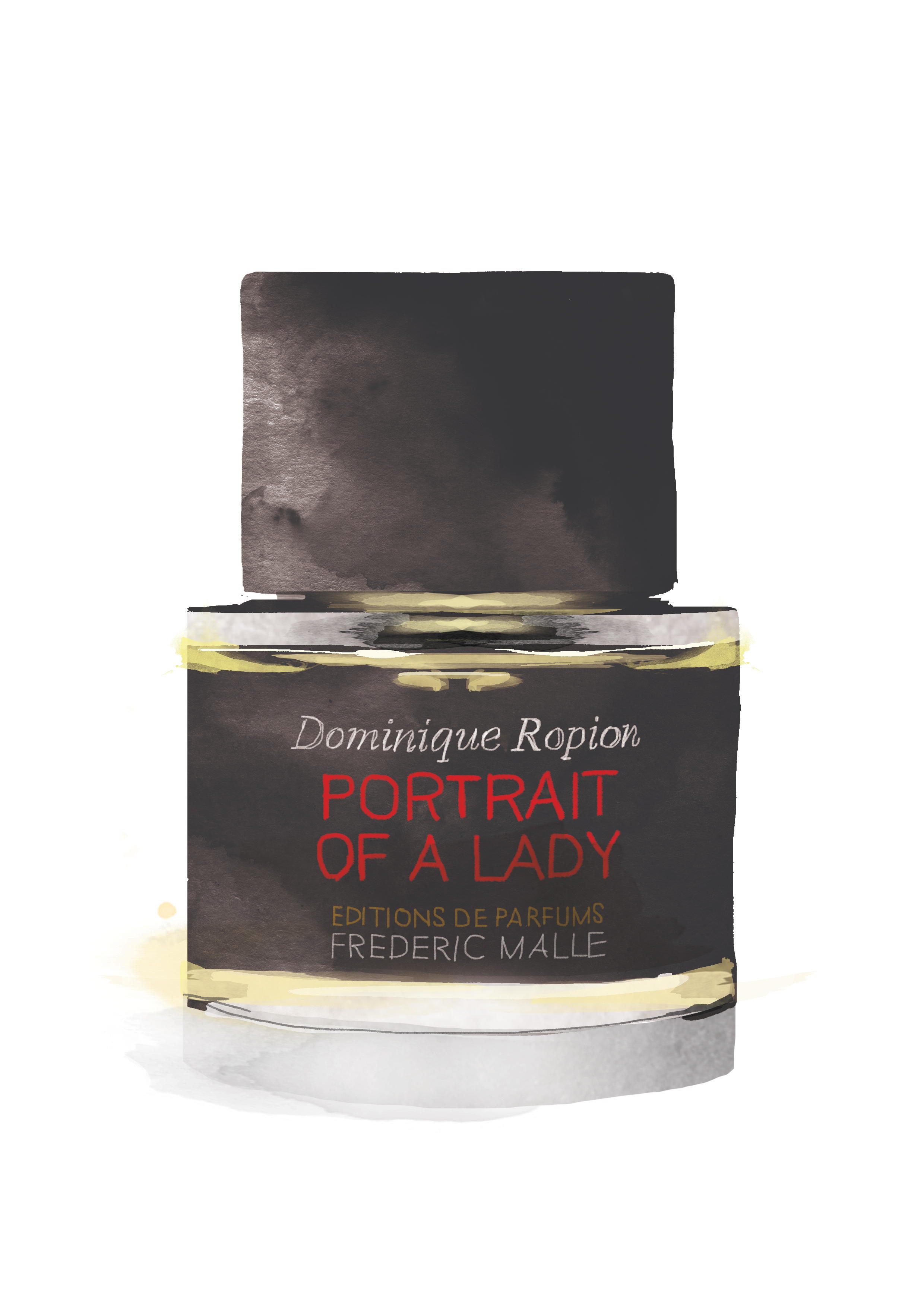 Illustration of a bottle of perfume with a black stopper