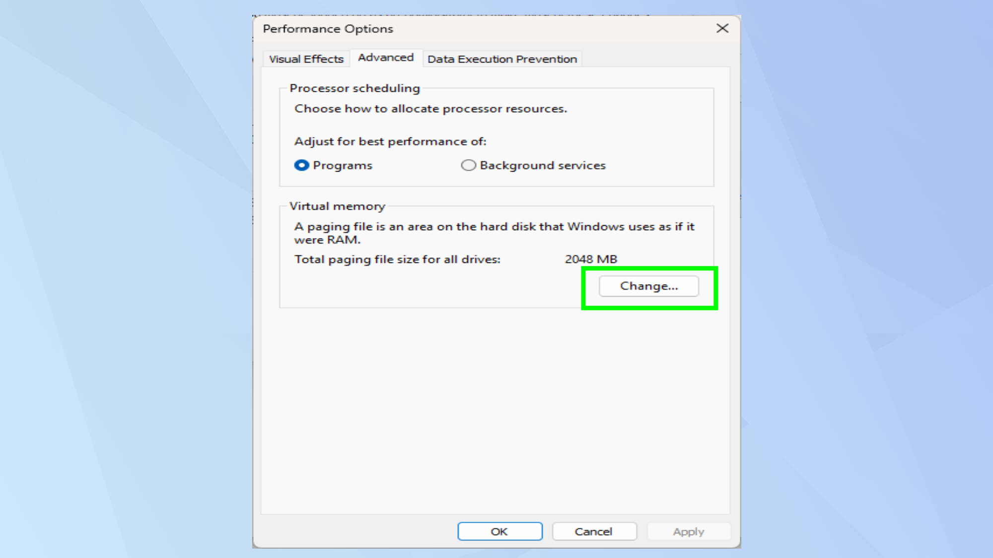 Adjust virtual memory in Windows 11