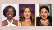 Collage of images of Viola Davis, Sofía Vergara and Sandra Oh set against a dusky pink watercolour-style background