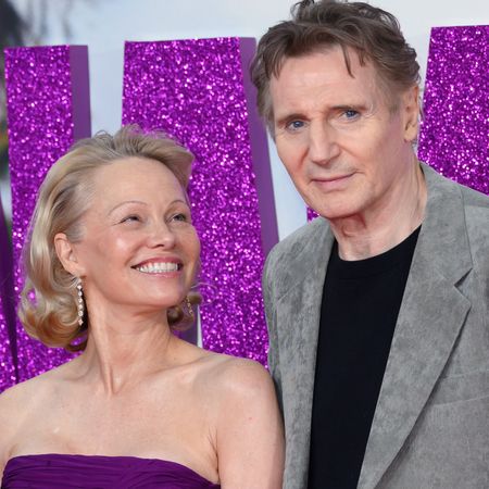 Pamela Anderson and Liam Neeson attend The Naked Gun UK Premiere at Cineworld Leicester Square on July 22, 2025 