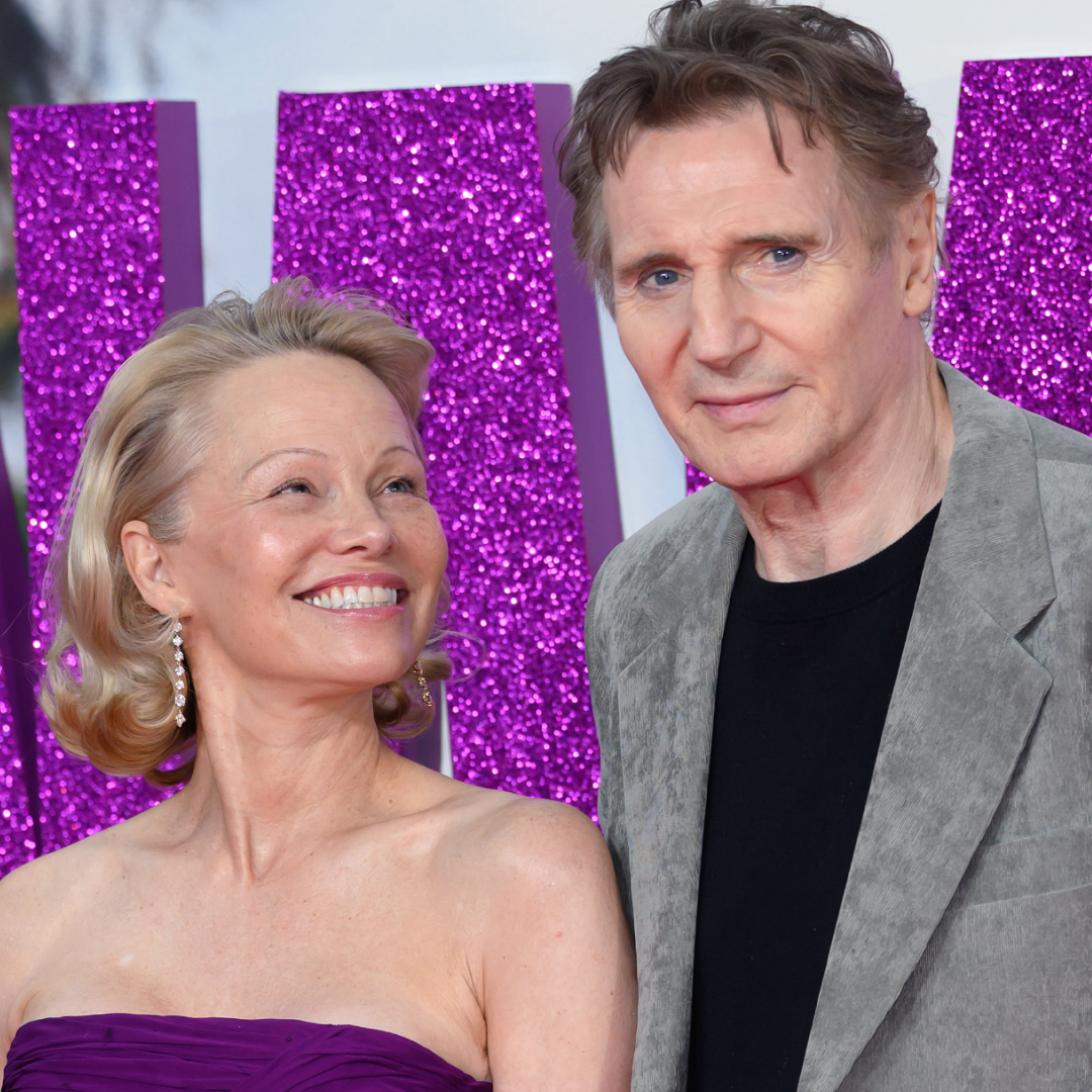 Pamela Anderson and Liam Neeson attend The Naked Gun UK Premiere at Cineworld Leicester Square on July 22, 2025 