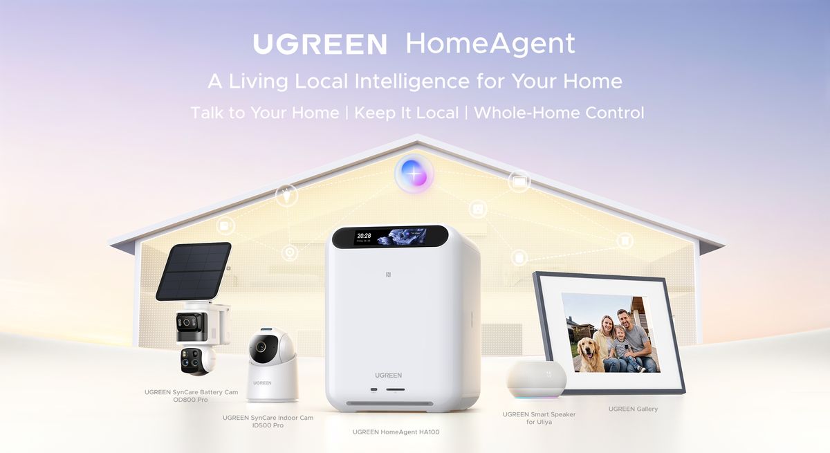 An official promotional image of UGREEN's HomeAgent and SynCare smart home family of devices.