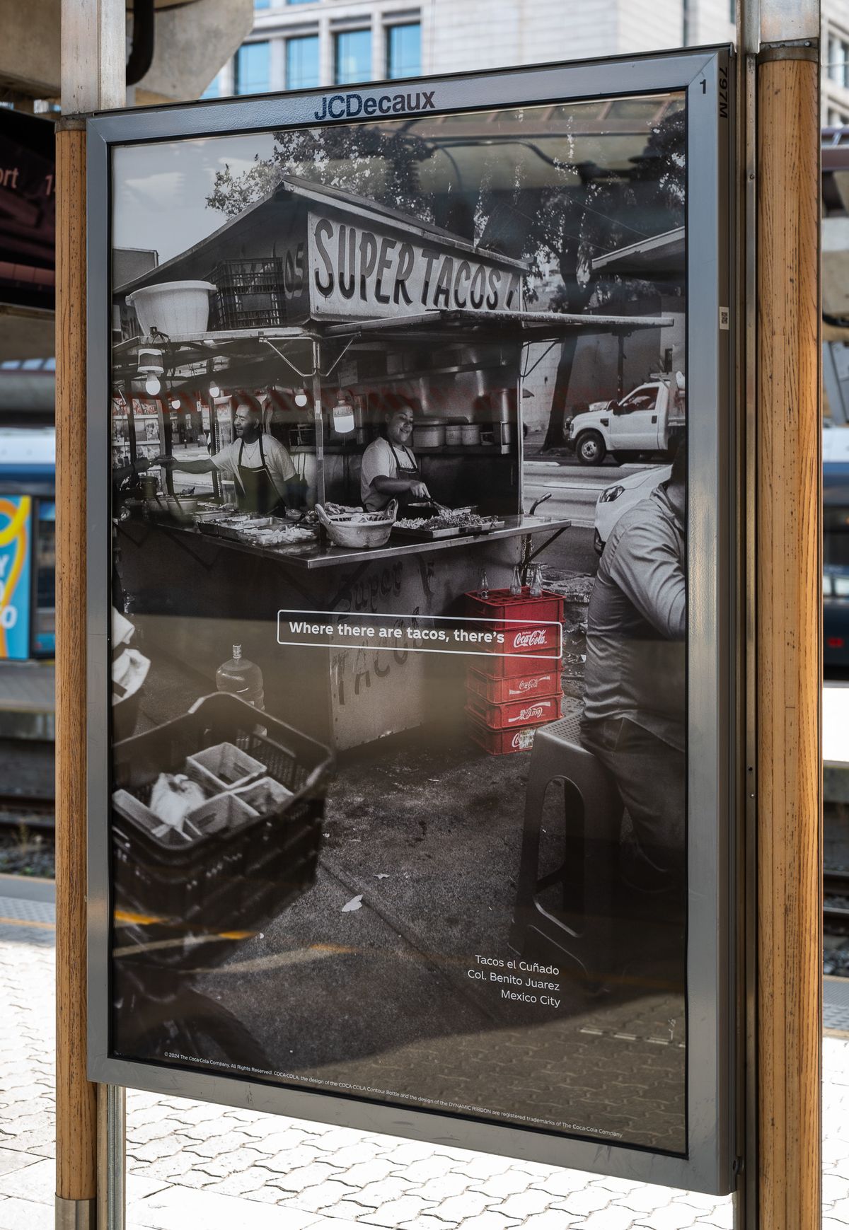 images of a street photography campaign of Mexican taco bars where it says, "where there's tacos, there's Coca-Cola" with Coca-Cola's branding subtly highlighted