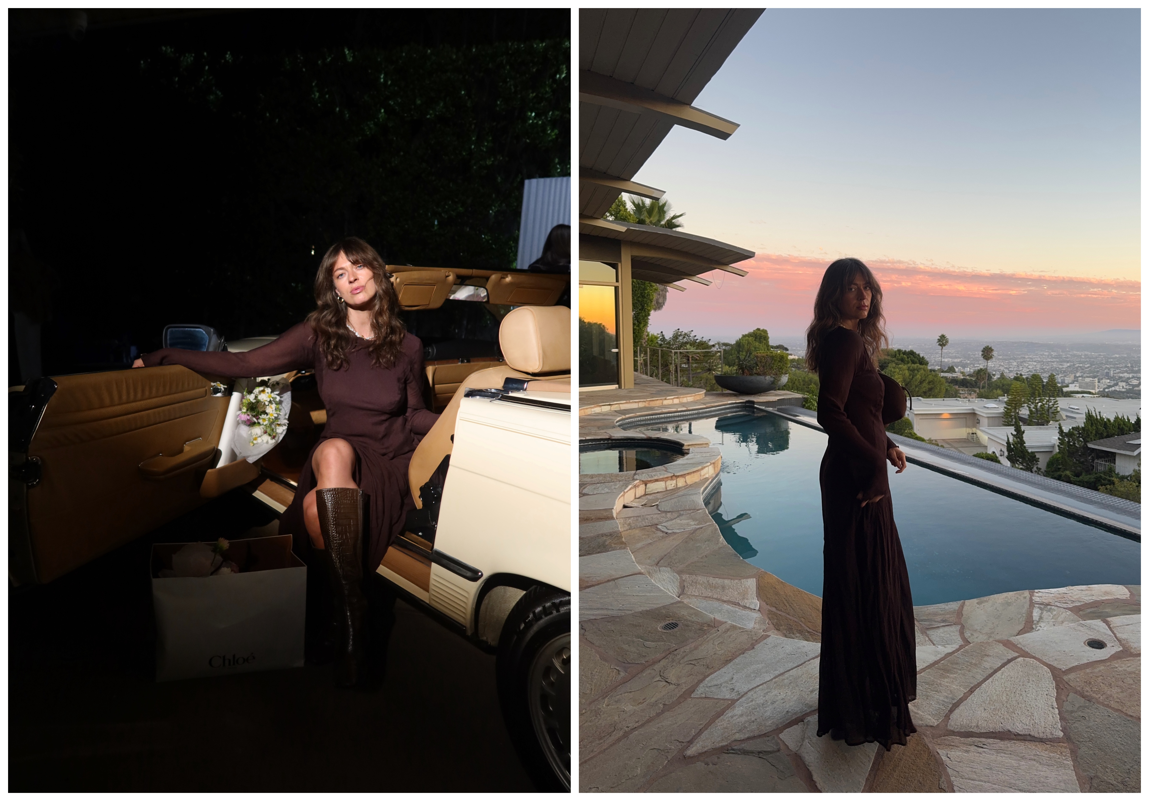 split image of Kathryn Zahorak sitting in a car and standing by a pool wearing a brown long sleeve dress