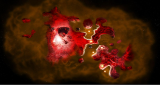 “时间机器”揭示在宇宙第一批星系中隐藏的结构(图片) A dark orange cloud with dark red irregular shapes within it