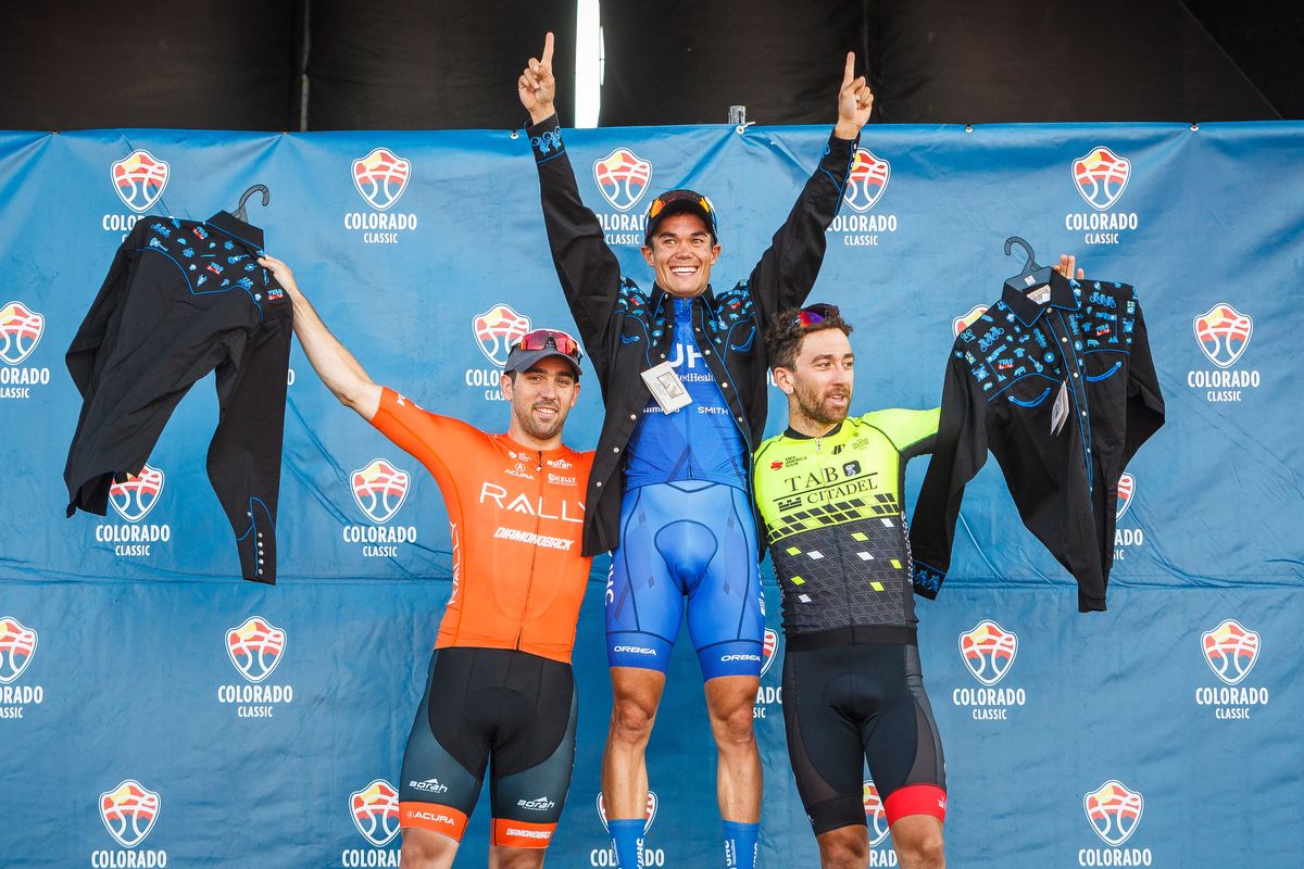 The stage 4 podium of Tyler Magner, Travis McCabe, Joseph Lewis (L-R)