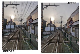 Two pictures of a train track with the sun setting, in right hand image all the wires have been removed