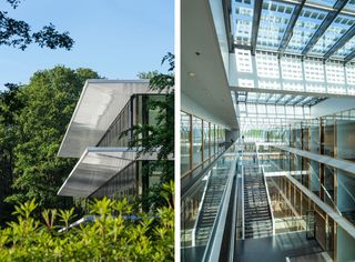 Left Image: Daytime, outside image of Grotius Building, Nijmegen hidden in the surrounding tall trees and shrubs, clear blue sky. Right image: Mirrored Stairwell and landings on the different floor levels, white glazed ceiling, casting shadows on the glass fronted levels.