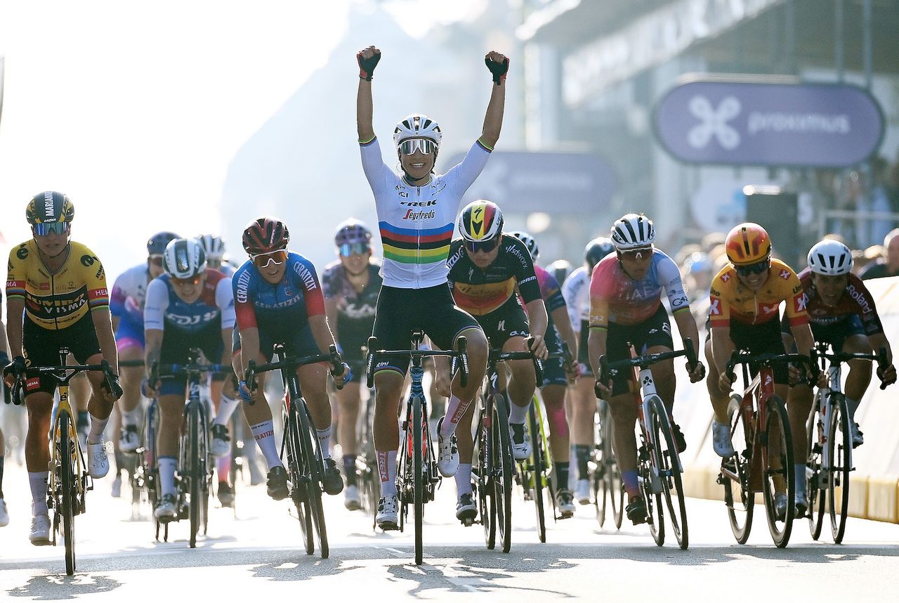 WEVELGEM, BELGIUM - MARCH 27: Elisa Balsamo of Italy and Team Trek - Segafredo celebrates at finish line as race winner ahead of Emma Norsgaard Jorgensen of Denmark and Movistar Team, Marianne Vos of Netherlands and Jumbo Visma Team, Maria Giulia Confalonieri of Italy and Ceratizit &acirc; WNT Pro Cycling Team, Lotte Kopecky of Belgium and Team SD Worx, Marta Bastianelli of Italy and UAE Team Adq and Susanne Andersen of Norway and Uno-X Women Cycling Team during the 11th Gent-Wevelgem In Flanders Fields 2022 - Women's Elite a 159km one day race from Ypres to Wevelgem / #GWEwomen / #UCIWWT / on March 27, 2022 in Wevelgem, Belgium. (Photo by Tim de Waele/Getty Images)