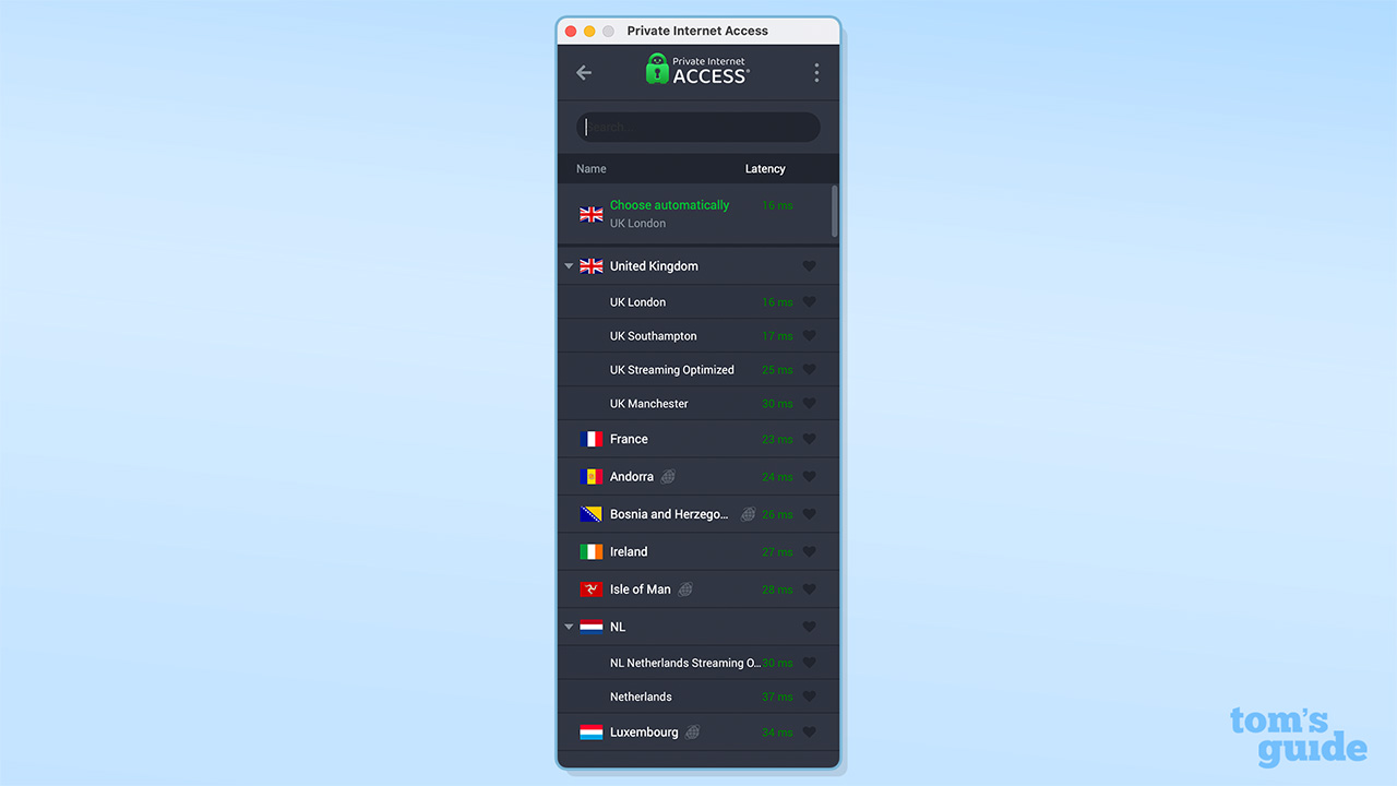 Private Internet Access servers in app