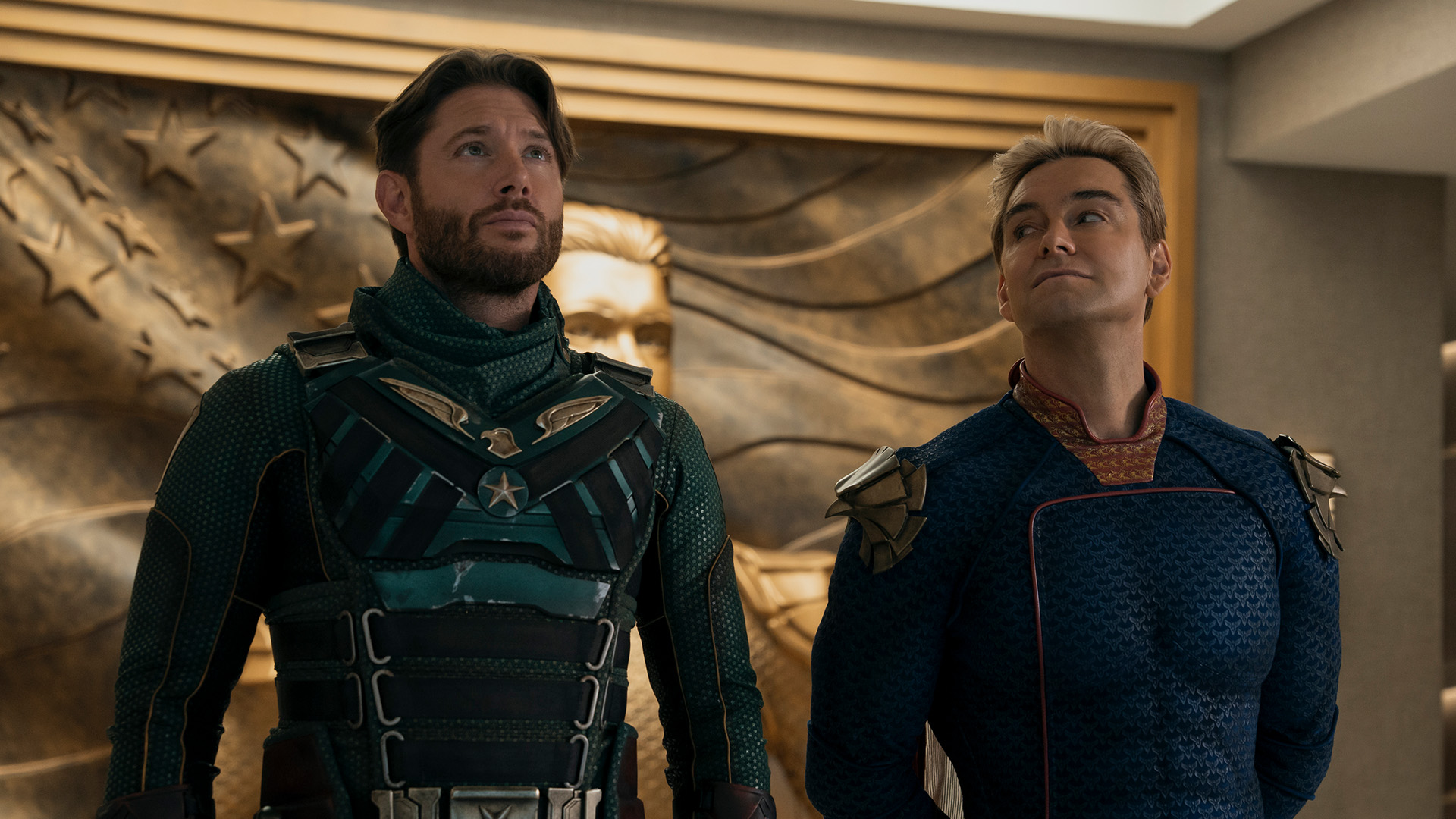 Jensen Ackles as Soldier Boy and Antony Starr as Homelander in The Boys season 5.