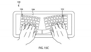 A concept design of a touch screen keyboard being typed on by a pair of hands.