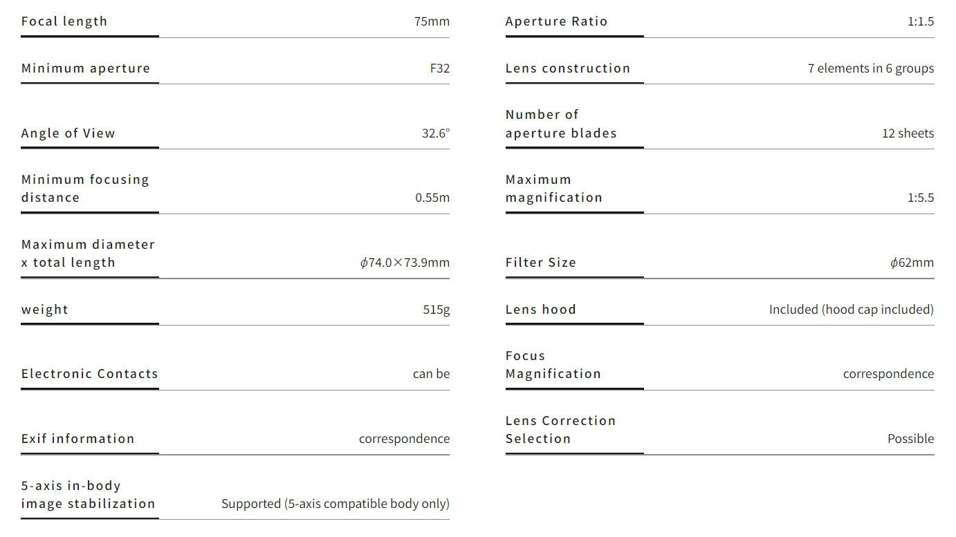 Voigtländer Nokton 75mm F1.5 Aspherical Sony E-mount specs list