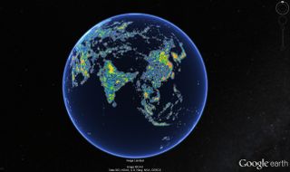 Light pollution shown for Asia using data from the newly released world atlas of artificial night-sky brightness.