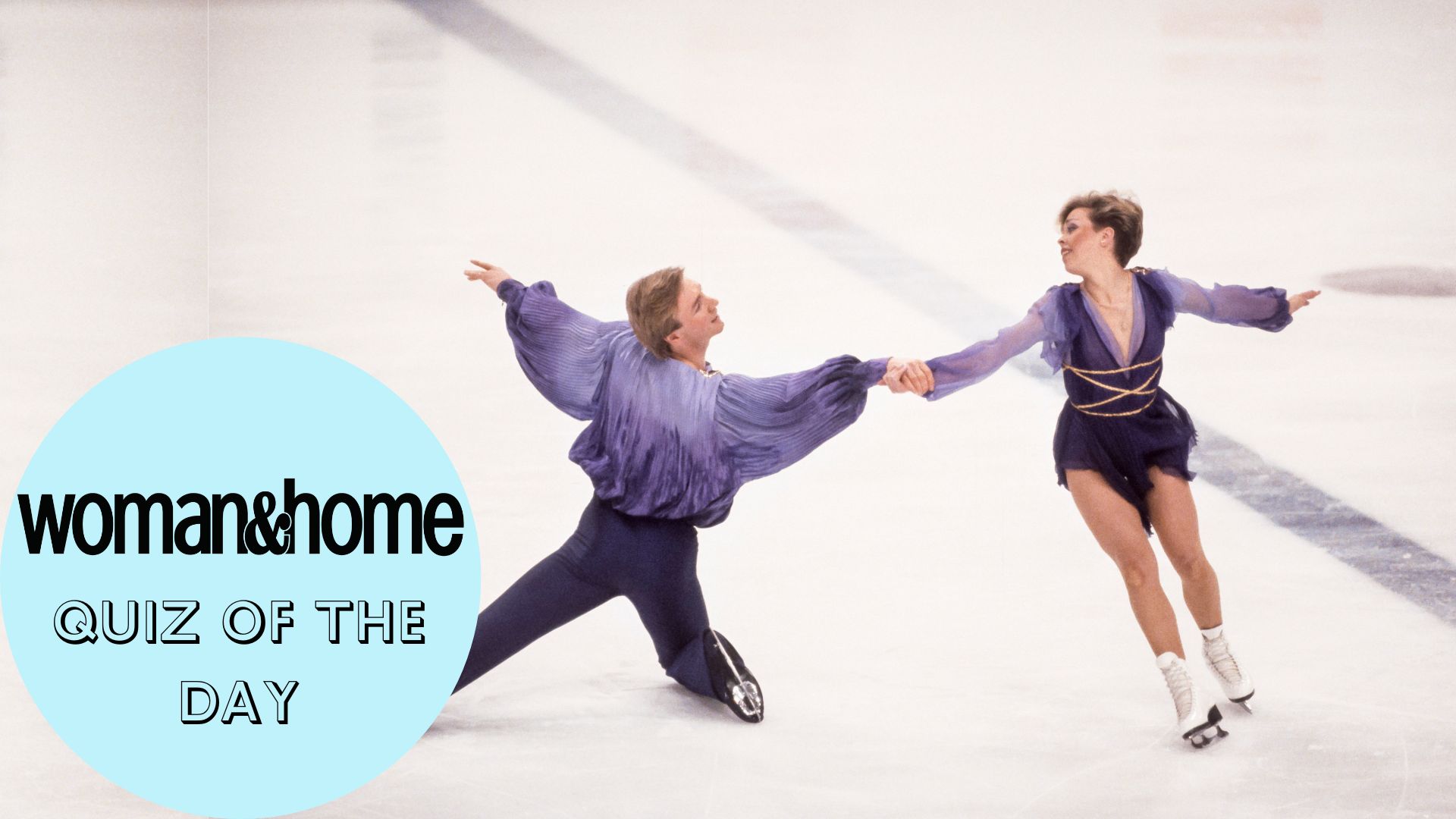 A photo of Torvil and Dean performing the Bolero in the Ice Dancing competition of the 1984 Winter Olympics held at the Zetra Ice Hall in Sarajevo, Yugoslavia in February, 1984. A woman&amp;home Quiz of the Day logo is overlaid