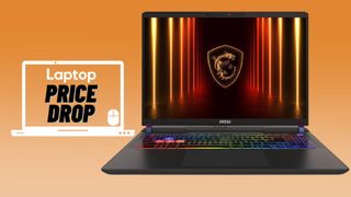 MSI Vector 16 HX AI RTX 5070 Ti gaming laptop against orange gradient background with laptop price drop sticker.